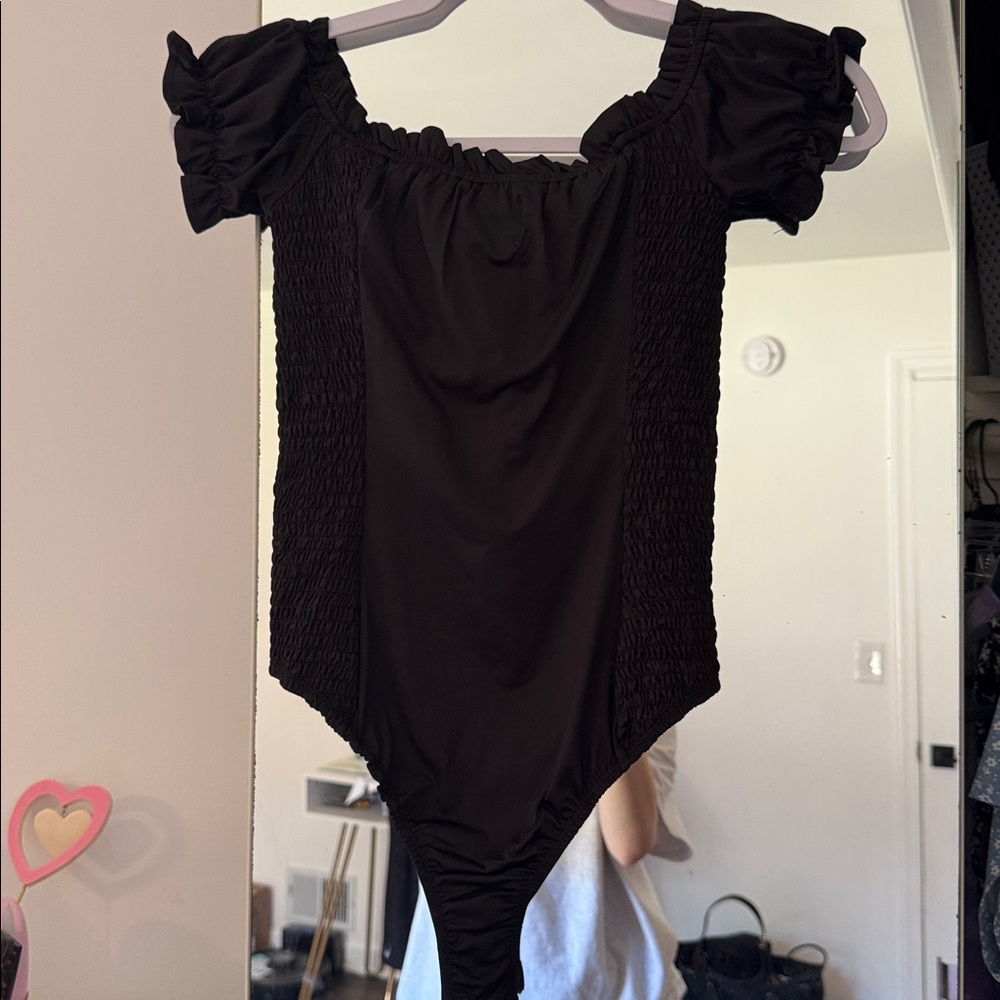 Black BodySuit- Smocked Off-Shoulder Style - Picture 2 of 4
